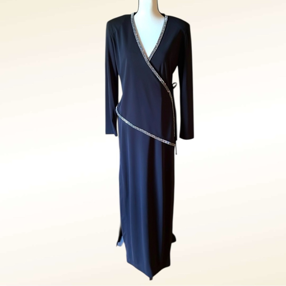 Betsy & Adam Dress Vintage Evening Gown Rhinestone Accents Long Sleeves Dress